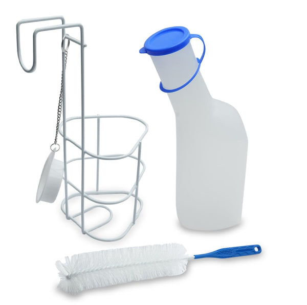 Urinal bottle, holder, and brush set for men | Set of 3 pieces | 1000 ml PP urine bottle with milky lid, with cleaning brush and bed holder/urinal bottle holder with lid including chain and holder