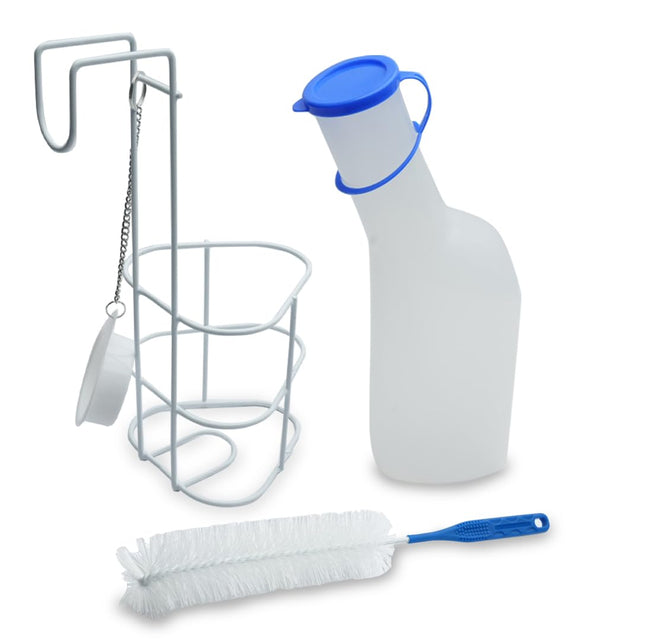 Urinal bottle, holder, and brush set for men | Set of 3 pieces | 1000 ml PP urine bottle with milky lid, with cleaning brush and bed holder/urinal bottle holder with lid including chain and holder
