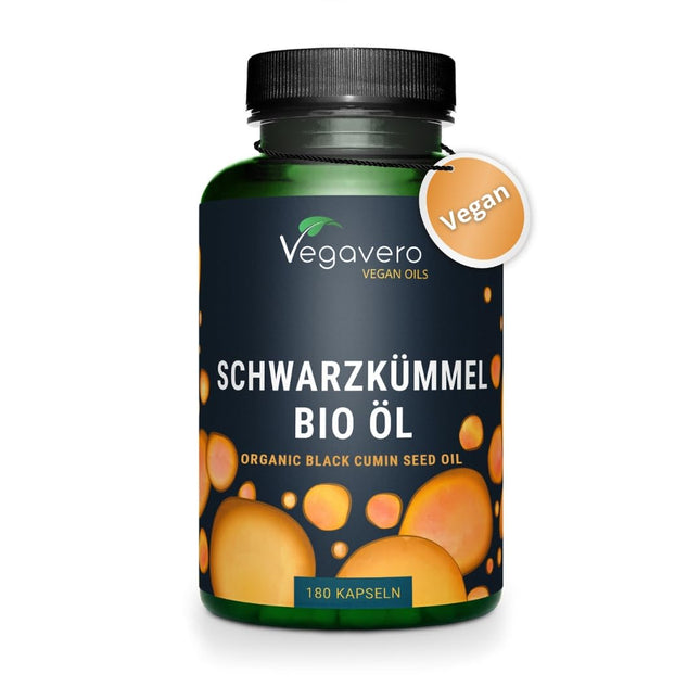 Organic Black Seed Oil Capsules | No Gelatin | 1000 mg Egyptian Oil | Linoleic Acid + Thymoquinone | German Production by Vegavero® | Nigella sativa | 180 Capsules