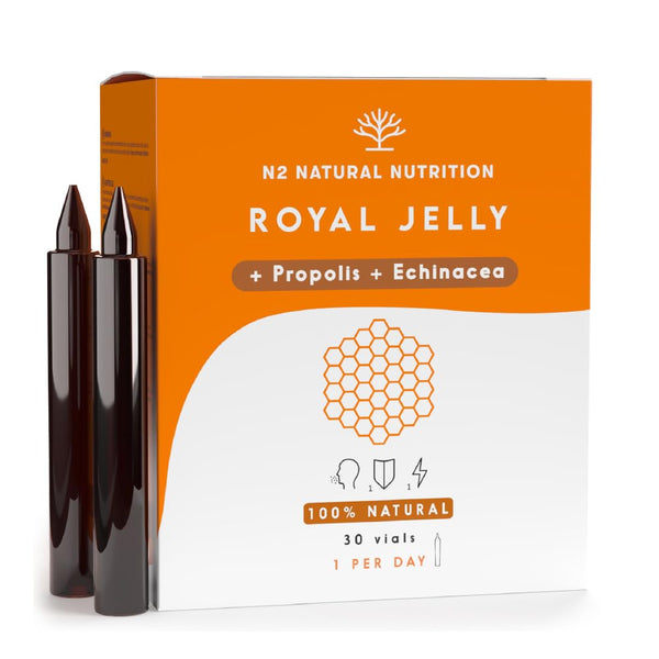 Pure Royal Jelly with Propolis, Vitamin C, and Echinacea. 30 ampoules, 2000 mg. Reduces fatigue and other symptoms, increases energy and vitality, and strengthens metabolism. N2 Natural Nutrition