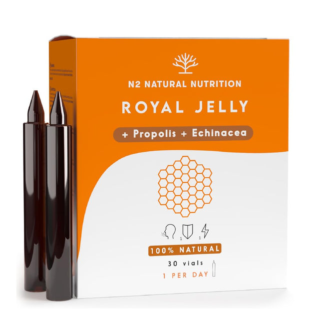 Pure Royal Jelly with Propolis, Vitamin C, and Echinacea. 30 ampoules, 2000 mg. Reduces fatigue and other symptoms, increases energy and vitality, and strengthens metabolism. N2 Natural Nutrition