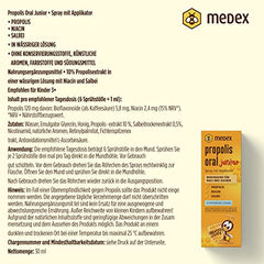 Medex Propolis Oral Junior, propolis spray, mouth and throat spray, water-based, alcohol-free; with added honey, sage, niacin, and spruce tips, with applicator, for children 3 years and older, 30 ml