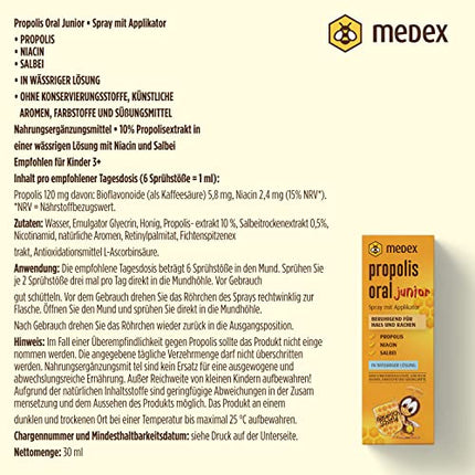 Medex Propolis Oral Junior, propolis spray, mouth and throat spray, water-based, alcohol-free; with added honey, sage, niacin, and spruce tips, with applicator, for children 3 years and older, 30 ml