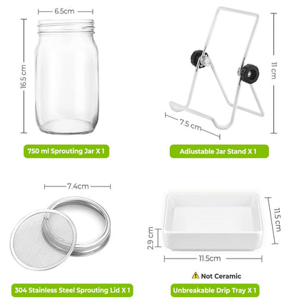 ecooe sprouting jar, set of 1 sprouting jars for sprouting jars with 1 water bowl, 1 filter mesh cover made of 304 stainless steel and 1 stand