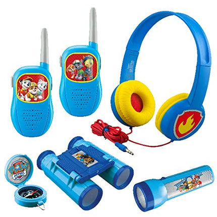 ekids Paw Patrol Adventure and Music Gift Set. Volume-friendly headphones, push-to-talk walkie-talkies, compass, flashlight, and binoculars