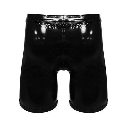 Bodywear4you Men's Leather Boxer Shorts with Shiny Patent Leather Look, Wetlook Sexy Underwear, Clubwear Jockstraps with Open Crotch Ouvert Shorts Long Pants (Black, XXL)