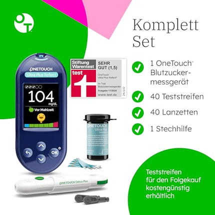 OneTouch Ultra Plus Reflect blood glucose monitoring system for diabetes (sugar disease), including 1 blood glucose meter (mg/dl), 40 test strips, 1 lancing device, 40 lancets, 1 carrying case, 2 batteries
