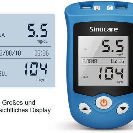 sinocare uric acid blood glucose meter, Safe AQ UG blood glucose meter set with 50 blood glucose test strips and 50 uric acid test strips (Safe UG kit with test strips 50+50)