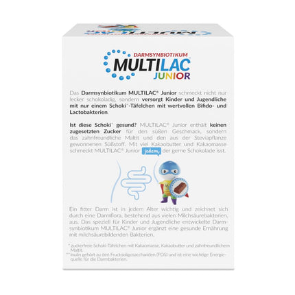 MULTILAC INTESTINAL SYNBIOTIK Junior with 20 chocolate bars. Contains selected bifidobacteria and lactobacilli with inulin and 1 billion bacteria. Sugar-free, gluten-free, and lactose-free. Only once daily.