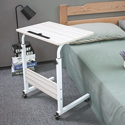 Emall Life Tray Table, Adjustable Sofa/Bedside Table, Portable Desk with Wheels, Overbed Table, Laptop Cart with Holder Slot (White Maple, 60 x 40 cm)