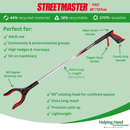 The Helping Hand Company Streetmaster PRO Extra Long Trash Picker for Adults, Multi-Purpose Grabber with Rotating Head, Easy Grip, Lightweight Trash Grabber, 127 cm