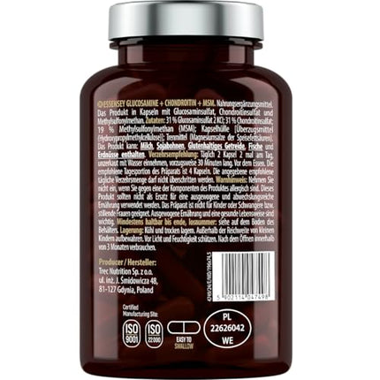ESSENSEY - Glucosamine Chondroitin MSM I 2600 mg active ingredients per recommended daily dose I 120 Capsules I MSM 600 mg I 30 daily doses I Easy to swallow