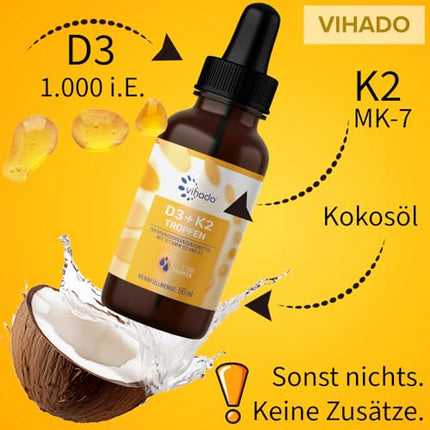 Vihado Vitamin D3 K2 Drops High Dose for Adults, XXL Pack with 1000 IU Vitamin D3, Premium Purity without Additives, 50 ml (1,700 Drops)