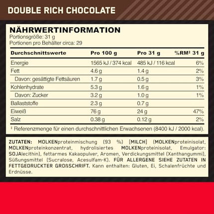 Optimum Nutrition Gold Standard 100% Whey Protein Powder for Muscle Building and Recovery with Naturally Occurring Glutamine and BCAA Amino Acids, Double Rich Chocolate, 29 Servings, 899 g
