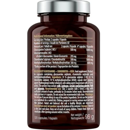 ESSENSEY - Glucosamine Chondroitin MSM I 2600 mg active ingredients per recommended daily dose I 120 Capsules I MSM 600 mg I 30 daily doses I Easy to swallow