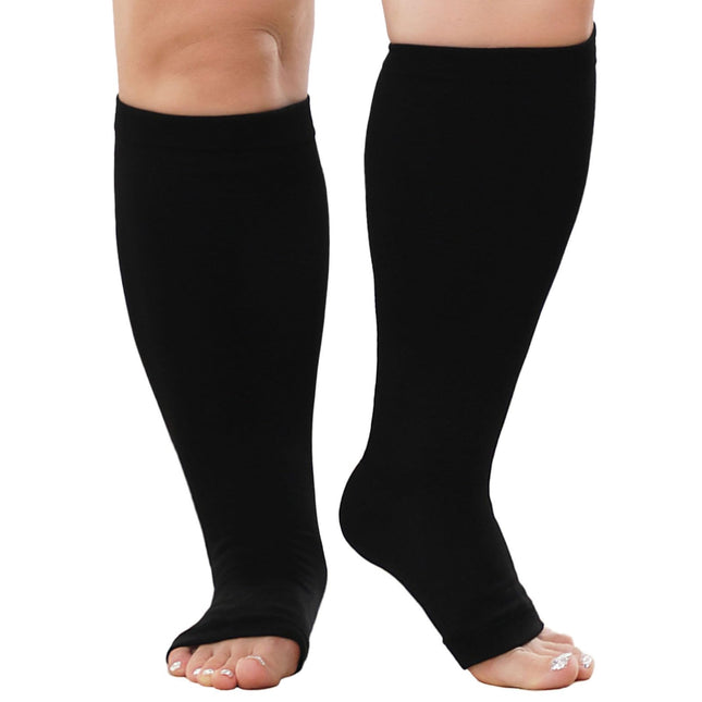 PUTUO Compression Stockings Thick Calves Men: Thrombosis Stockings Women Plus Size Support Stockings Men Women Compression Socks Open Toe for Flight Medical Running Travel Black 4XL 1 Pair