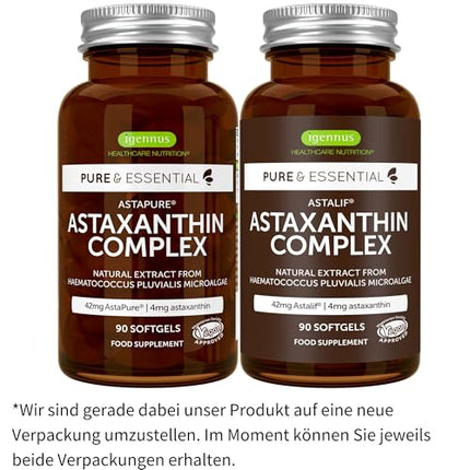 Astaxanthin Complex, vegan &amp; natural antioxidants from 42mg AstaPure, with 4mg Astaxanthin + Lutein and Zeaxanthin, 90 softgels, by Igennus