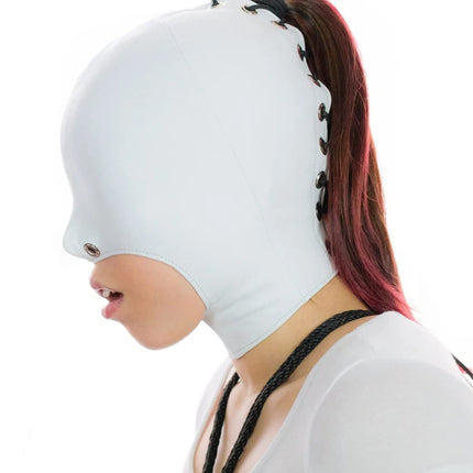 PHOEJIX Bondage Harness Ball Gag Full Cover Hood Mask Leather Bondage Harness Trainer Ball Gag (White)