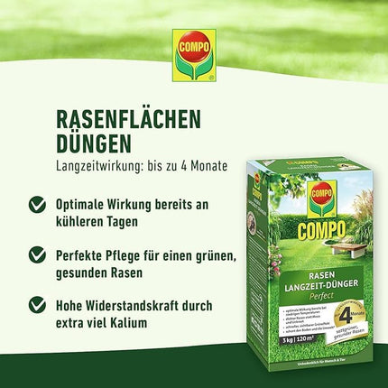 COMPO lawn fertilizer with long-term effect - No chance for moss and weeds - 1.5 kg for 60 m² - COMPO Lawn Long-Term Fertilizer Perfect