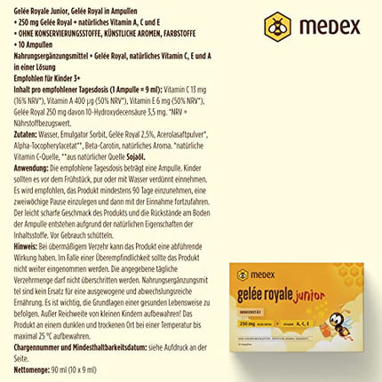 Medex Royal Jelly JUNIOR, fresh royal jelly 250 mg, with natural vitamins A, C, and E, excellent taste, no sweeteners, for children 3+, liquid in ampoules 10 x 9 ml