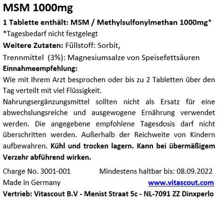 MSM - Methylsulfonylmethane - 500 tablets - 2000mg daily serving (=2 tablets) - 99.9% purity - LABORATORY TESTED - MADE IN GERMANY - high dosage