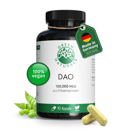 DAO Capsules VEGAN - High Dose: 100,000 HDU - 100 mg pea sprout powder per capsule for easy dosing - Pharmacy Quality - 90 Capsules - Green Naturals®