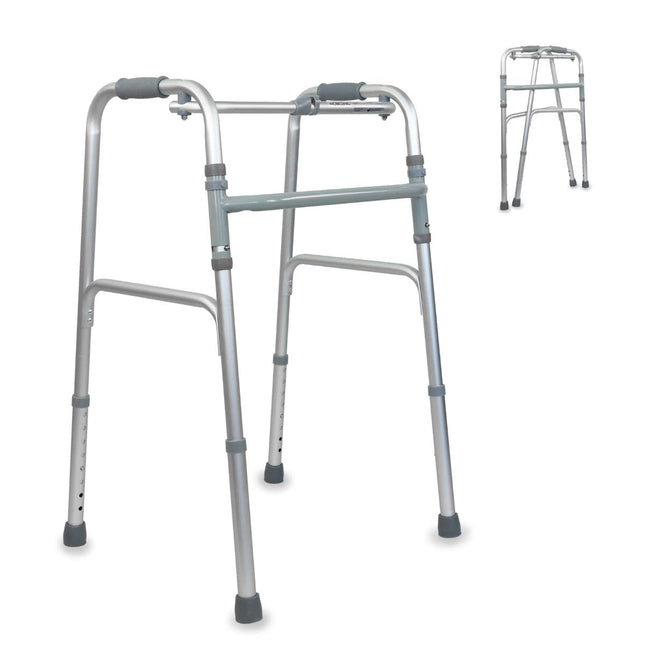Mobiclinic®, Walking Aid, Walking Frame, Narrow, Stable, Foldable, 4 Rubber Feet, Made of Aluminum, Lightweight, European Brand, Height Adjustable, Ergonomic Handles, Only 2.5 kg, Silver, Model Columna