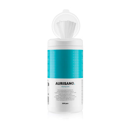 AURISANO Hearing Aid Cleaning Wipes – 100 Hearing Aid Cleaning Wipes in Dispenser Box – Earwax Remover – Hearing Aid Cleaner – Hearing Aid Accessories – for your hearing aid, hearing amplifier or hearing protection