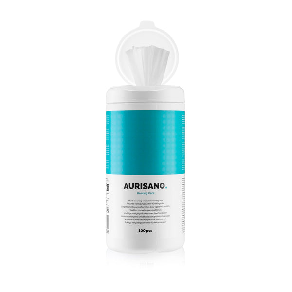 AURISANO Hearing Aid Cleaning Wipes – 100 Hearing Aid Cleaning Wipes in Dispenser Box – Earwax Remover – Hearing Aid Cleaner – Hearing Aid Accessories – for your hearing aid, hearing amplifier or hearing protection