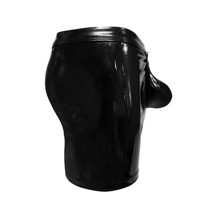 Bodywear4you Men's Leather Boxer Shorts with Shiny Patent Leather Look, Wetlook Sexy Underwear, Clubwear Jockstraps with Open Crotch Ouvert Shorts Long Pants (Black, XXL)