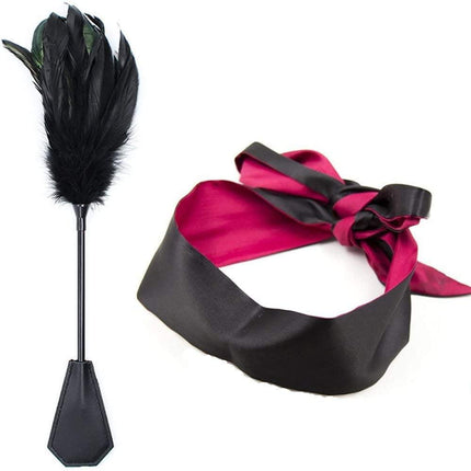 Deluxe Feather Tickler, Love Feather Leather Flogger Whip Bondage Paddle Set Bed Restraints Sex Toy with Blindfold Eye Mask