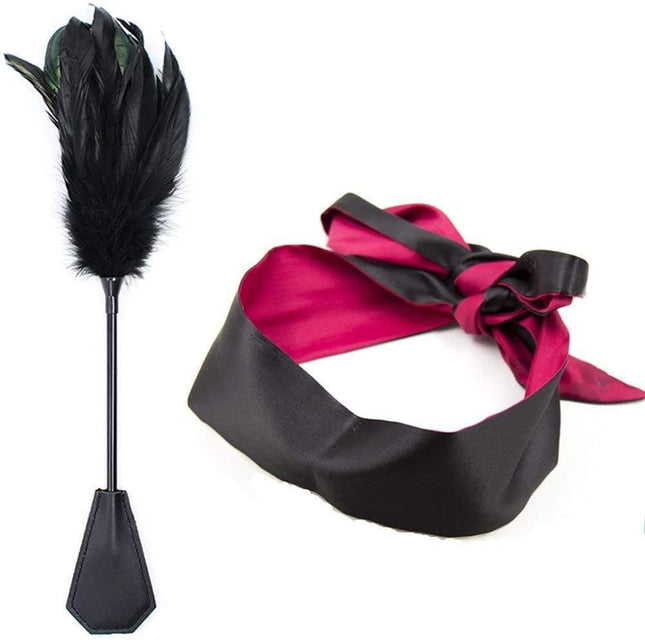 Deluxe Feather Tickler, Love Feather Leather Flogger Whip Bondage Paddle Set Bed Restraints Sex Toy with Blindfold Eye Mask