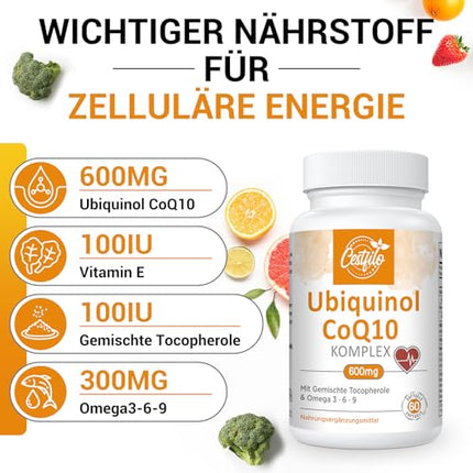 Ubiquinol CoQ10 600 mg Softgel Capsules - Active Form of CoQ10 Plus Vitamin E &amp; Omega 3, 6, 9 - Advanced Coenzyme Q10 60 Capsules (1 Pack)