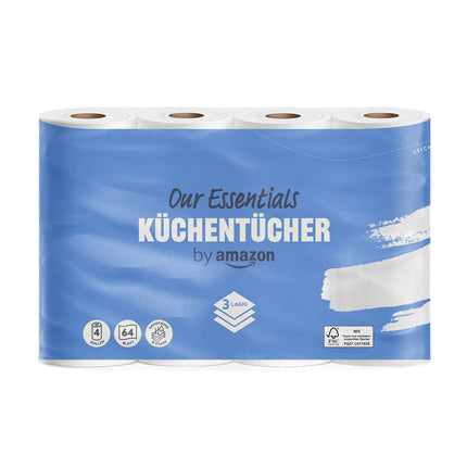 by Amazon Kitchen Roll, 3-Ply, 4 Rolls (4 Rolls, 1 Pack), 64 Sheets per Roll, FSC-Certified