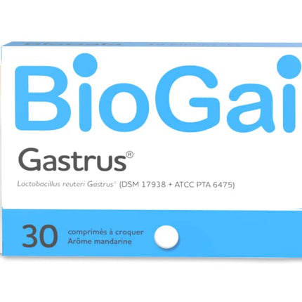 BIOGAIA GASTRUS – L. reuteri Gastrus 'DSM 17938 + ATCC PTA 6475 – Box of 30 chewable tablets with mandarin flavor
