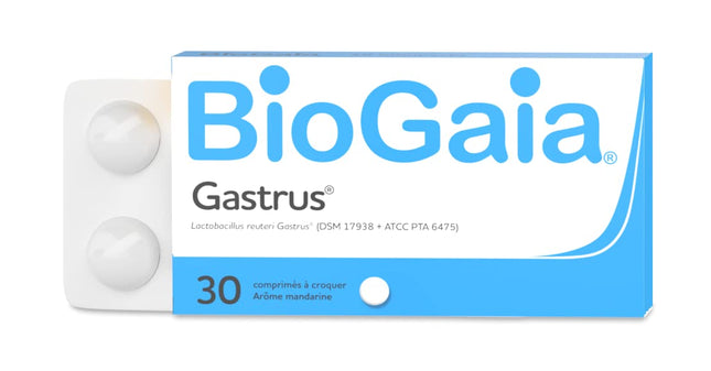 BIOGAIA GASTRUS – L. reuteri Gastrus 'DSM 17938 + ATCC PTA 6475 – Box of 30 chewable tablets with mandarin flavor