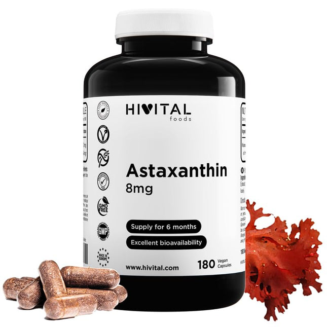 Astaxanthin 8 mg. 180 vegan capsules for a 6-month course. Made with 160 mg of the natural algae Haematococcus Pluvialis with 5% astaxanthin, providing 8 mg of pure astaxanthin. From Hivital