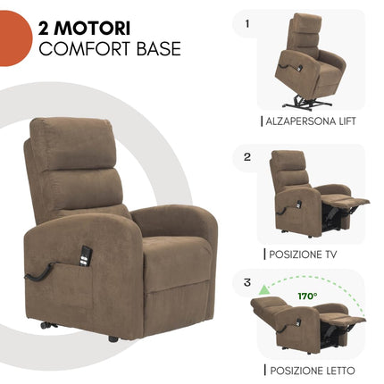 POLTRONE ITALIA Jessica 2 Motors PERSONALIZED recliner chair with medical device 4 wheels micro spring seat fluffy brown