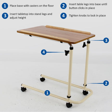 Peformance Health Overbed Table with Wheels, Height Adjustable, Lightweight Chair/Bed Table for Elderly, Use for Meals, Work and Activities, 66 x 64 x 46 cm, Flat Packed Version