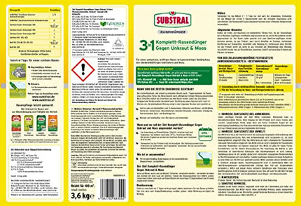 Substral 3 in 1 Complete Lawn Fertilizer with Weed Killer and Moss Killer, 14 kg for 400 m², Green