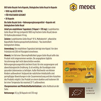 Medex Bio Royal Jelly FORTE, high dosage 1000 mg Royal Jelly, lyophilized, dry form, clinically proven results, 30 capsules, 30 days of use