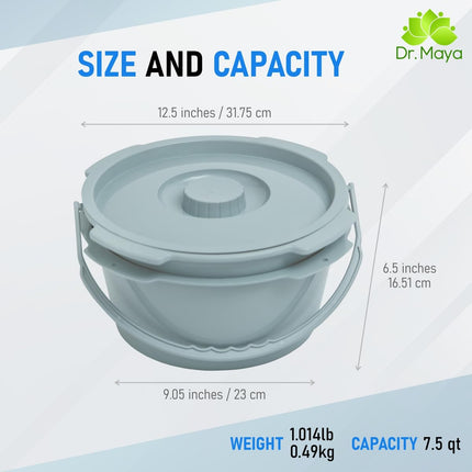 Dr. Maya Replacement Bucket for Chamber Pot, 7.5 qt, Adult Toilet Stool, The Emergency Toilet to Go, Mobile Commode Chair, Portable Toilet Bucket with Lid and Handle, Ideal for Seniors and Disabled People