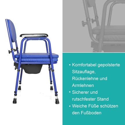 Akriva Commode Chair with Armrests, Height-Adjustable Seat and Backrest for Home Use, Seniors and Care, Blue