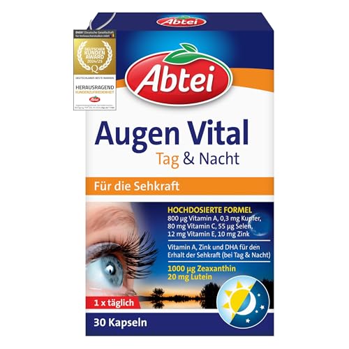 Abtei Augen Vital Tag und Nacht - mit Vitamin A, Lutein, DHA und Zeaxanthin - für den Erhalt der Sehkraft - hochdosiert, glutenfrei, laktosefrei - 30 Kapseln