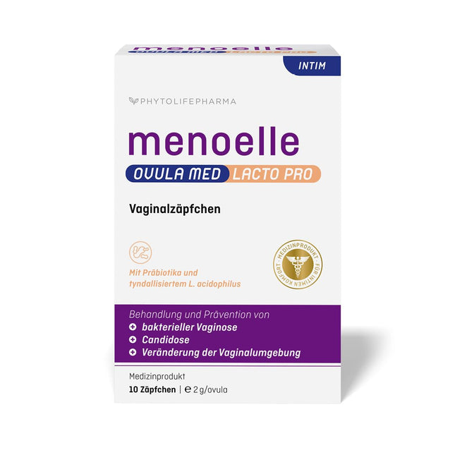 menoelle® OVULA med Lacto Pro. For bacterial vaginosis, vaginal yeast infections, inflamed mucous membranes, and vaginal dryness. With lactic acid, probiotics, and a care complex. Hormone-free. 10 suppositories.