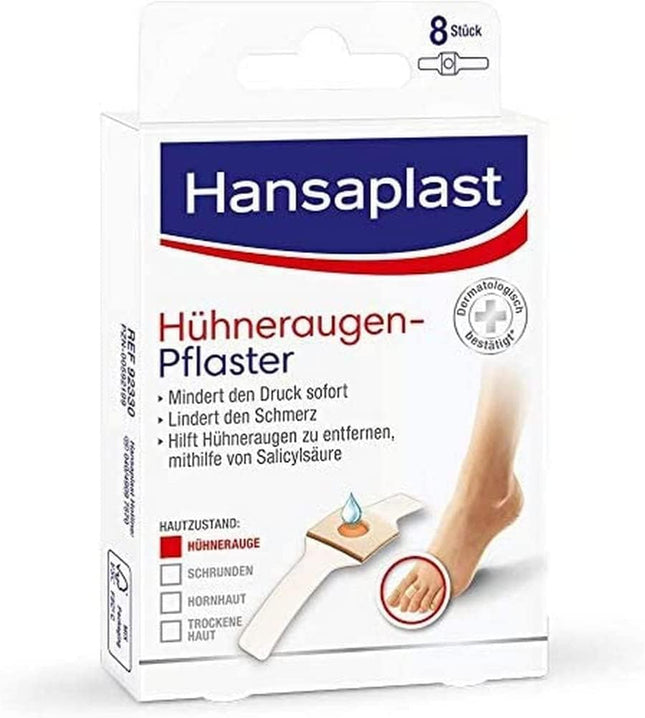 Hansaplast Corn Plasters (1 x 8 pieces), plasters with salicylic acid for removing corns, pain-relieving foot plasters with a secure hold