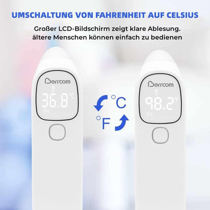 Berrcom Fever Thermometer Contactless Forehead and Ear Thermometer Digital Medical Thermometer Infrared Forehead Thermometer for Baby, Adult with Fever Alarm, Instant Reading
