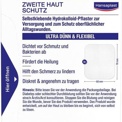 Hansaplast Plaster Second Skin Protection Large (3 Strips), thin and flexible hydrocolloid plaster with healing capsule technology, waterproof wound plaster with extra strong hold for at least 72 hours