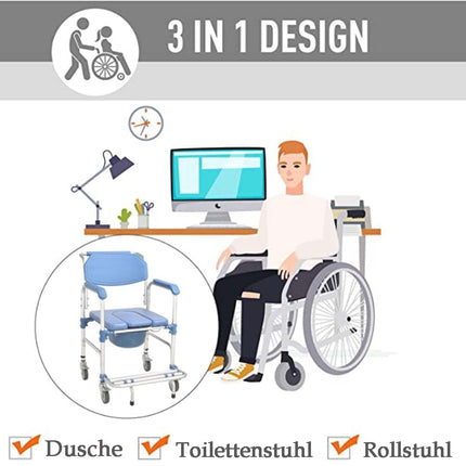 Toilet chair with wheels Shower chair with toilet for seniors Mobile toilet wheelchair with armrests Backrest and toilet bucket up to 150kg Shower chair with wheels for disabled people
