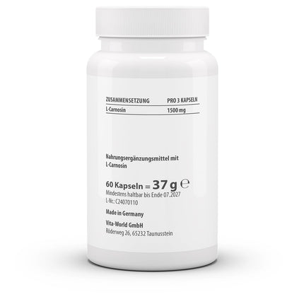 vitworld L-Carnosine 500mg, Natural, Endogenous Substance, 60 Capsules